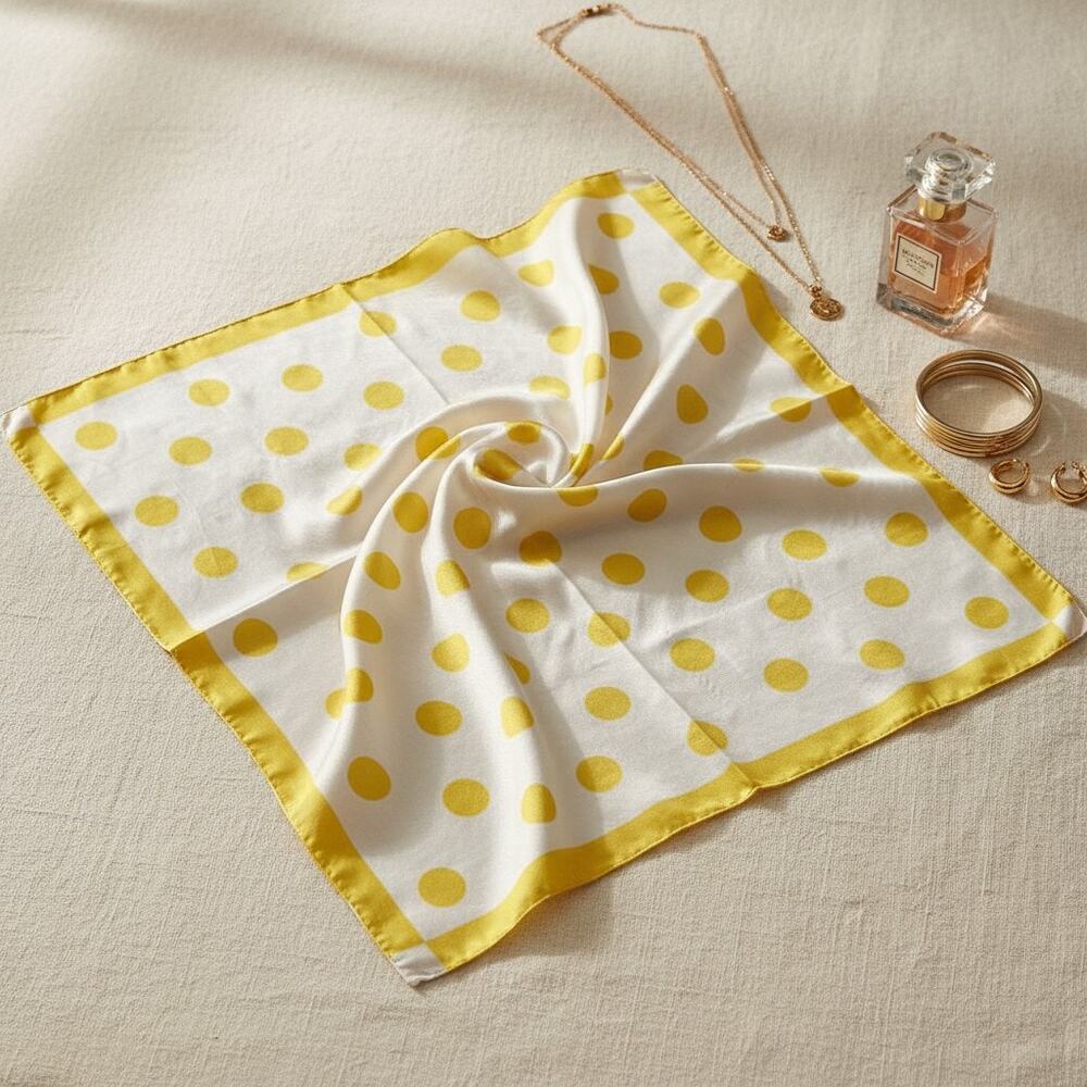 Vintage Silk Polka Dot Scarf-Yellow White-Hand Rolled-Japan-Hair-Neck-Retro-Chic